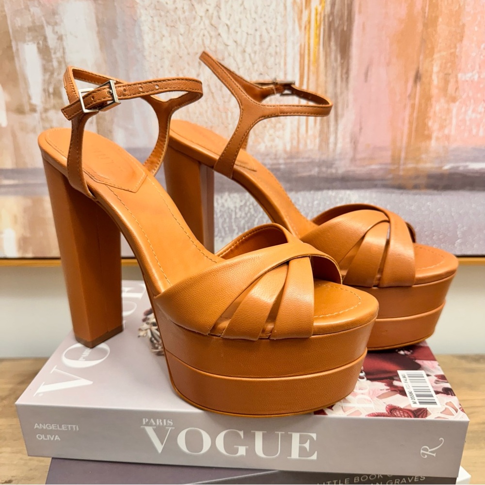 ❤️ NEW Schutz Keefa High Heels Platform Sandals Caramelo Tan Cognac Napa Leather - Picture 6 of 12